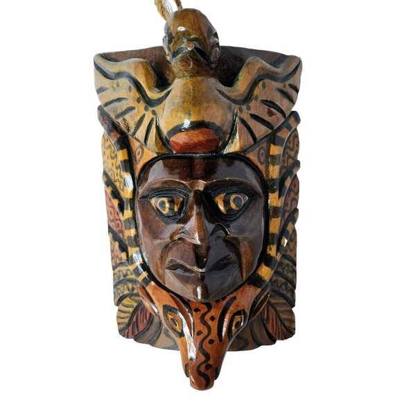 Vintage Handmade Guatemalan 3D Carved Wood Mask Wall Hanging Tribal Folk Art